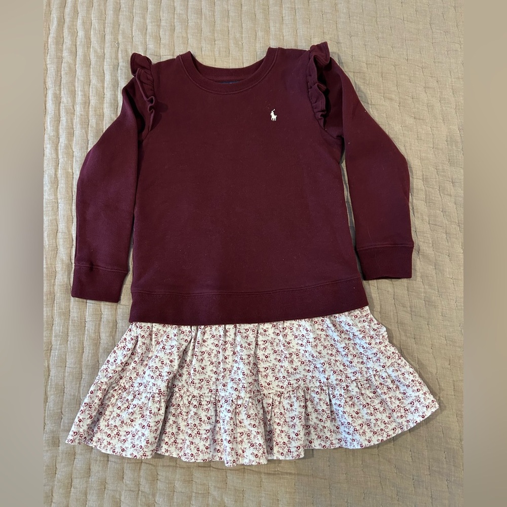 Polo by Ralph Lauren Burgundy Ruffle Sweatshirt Dress 6X